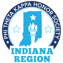 Outline of Indiana with torch in the center and the words Indiana Region at the bottom. Phi Theta Kappa Honor Society arches across the top.